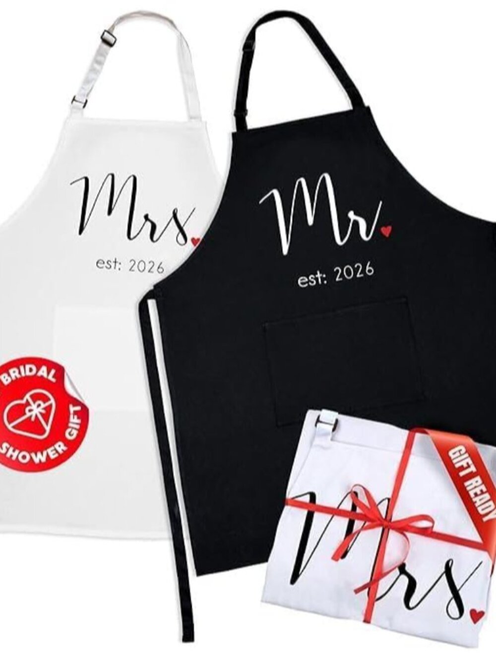 Couples Aprons, Mr. & Mrs. Est: 2026 Black & White